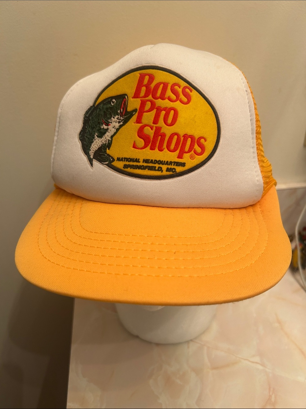 Bass Pro Shops Yellow & White Mesh Trucker Cap with Fish Logo